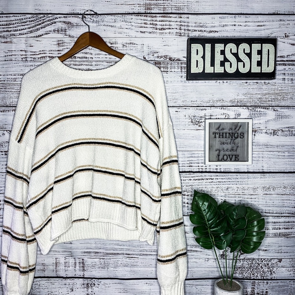 Rue 21 Cream Black Gold Striped Velour Sweater